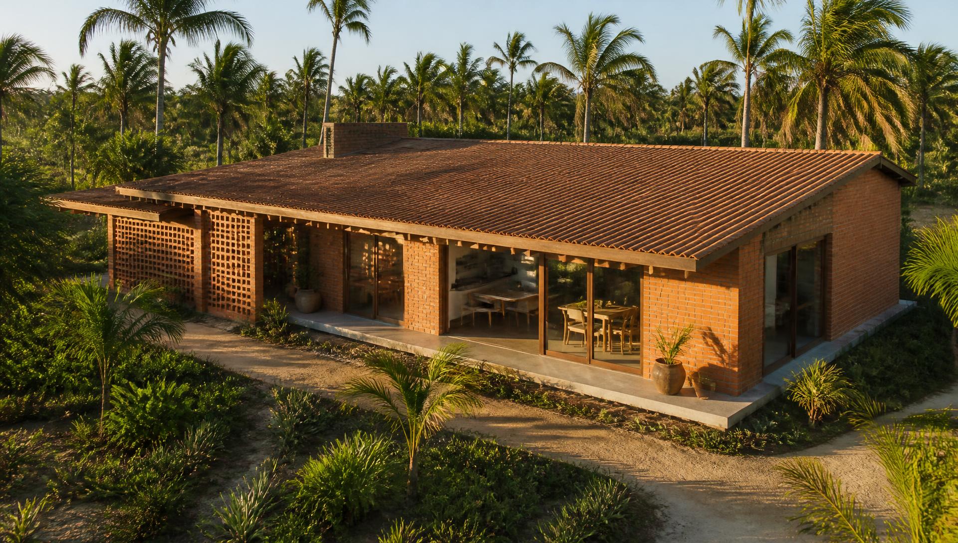Casa construída com tijolos ecológicos CSEB no Ceará, cercada por vegetação nativa